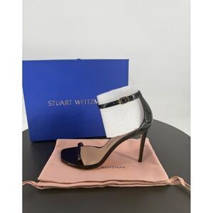 NIB Stuart Weitzman Nudist Curve 100 Black Patent Leather Heels Sandals Size 9.5